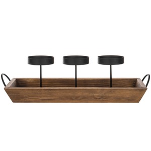 Wooden <b>Tray</b> <b>Candle</b> Stand with Three Black Metal Holders for Home Decoration - Product Image 3