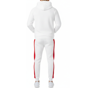 OEM Winter <b>White</b> & Bright Red Solid Mens <b>Tracksuit</b> Set V-Shape Color Block Hoodie Matching Trouser - Product Image 3