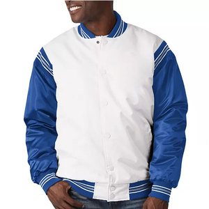 Chaqueta Varsity Blanca y Azul para Hombre, Corte Regular, Cuello Alto, Cierre de Cremallera, Material de Lona, Estilo Casual, Ropa de Invierno, Logotipo Frontal - Product Image 1