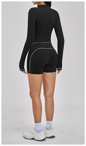 Ensemble de yoga 2 pièces pour femmes, short taille haute, haut court sans couture, manches longues, noir uni, tenue de sport, spandex, polyester, séchage rapide - Product Image 2