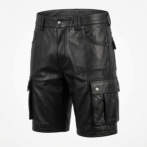 <b>Black</b> Leather Cargo <b>Shorts</b> <b>Men</b> Mid Waist Button Fly Workwear Style Bermuda <b>Shorts</b> With Pockets Front Logo - Product Image 3