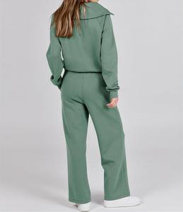 Wholesale Women's Two Piece Casual Quarter Zipper Sweatshirt & Wide Leg Sweatpants <b>Tracksuit</b> Set Loose Outfit With Custom Logo - Product Image 3