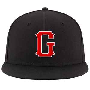 Gorra de Béisbol Negra de 6 Paneles con Bordado 'G' Rojo, Unisex, Casual, Ajustada, de Sarga de Algodón, Visera Plana - Product Image 1