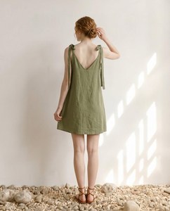<b>Boho</b> Linen Mini <b>Dress</b> Women Sleeveless V-Neck Backless Loose Fit Solid Color <b>Summer</b> Casual Breathable Woven <b>Dress</b> - Product Image 1