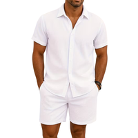 Ensemble deux pièces pour homme, chemise à manches courtes col V boutonnée et short, été, plage, tricot uni, décontracté, respirant, personnalisable