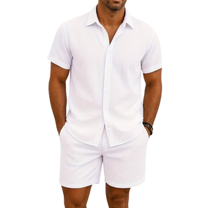 Conjunto de Dos Piezas para Hombre, Camisa de Manga Corta con Cuello en V y Botones, Pantalones Cortos, Estilo Lino, Casual, Transpirable, Verano, Playa, OEM, ODM, Venta al Por Mayor - Product Image 6