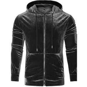 Men's <b>Black</b> Velvet <b>Zip</b>-Up <b>Hoodie</b> Regular Fit Casual Solid Color Polyester Knitted Digital Printing Eco-Friendly Autumn Wear - Product Image 3