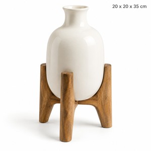 Jarrón de Cerámica Aqdus Saleem WMC-01 con Soporte de Madera de Mango en Forma de Trípode |   Decoración de Mesa Blanca Moderna Minimalista Hecha a Mano y Ecológica |   Venta al por mayor - Product Image 1