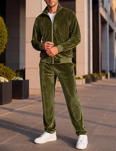 <b>Men</b> Olive Green <b>Velvet</b> Tracksuit Set Stand Collar Zip Up <b>Jacket</b> and Pants Two Piece Casual Outfit - Product Image 5