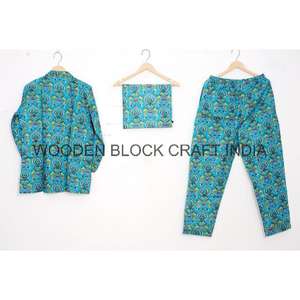 ชุดนอนผู้หญิงลายพิมพ์บล็อกมือทำ ผ้าฝ้ายเนื้อนุ่ม ใส่สบายสำหรับฤดูร้อน พร้อมคุณสมบัติเก็บความร้อน ทำด้วยมือสำหรับผู้หญิง - Product Image 4