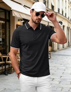 Men's <b>Black</b> Short Sleeve <b>Polo</b> <b>Shirt</b> Solid Color Cotton Pique Casual Knitted Breathable Regular Fit - Product Image 2