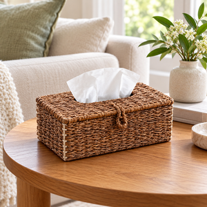 Boîte à mouchoirs rectangulaire personnalisable en jonc de mer écologique de style bohème avec couvercle à charnière et fermeture à boucle tressée pour la maison, le bureau et la vente en gros - Product Image 5