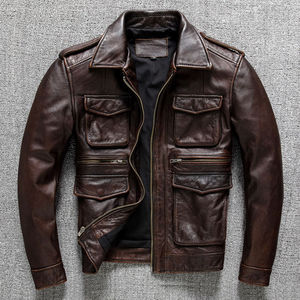 Ruya Men's Brown Genuine <b>Leather</b> Waterproof Moto <b>Jacket</b> Mandarin Collar Zipper Closure Regular Fit <b>Winter</b> Satin Lining Casual - Product Image 1