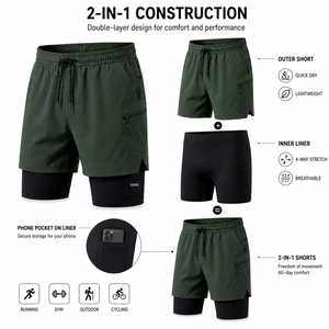 Custom Branded Double <b>Layer</b> Gym Shorts Featuring Compression Inner Tights and Side Pockets Perfect for Running and Outdoor Wear - Product Image 3