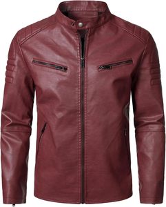 <b>Men</b> Red PU <b>Leather</b> Moto Biker <b>Jacket</b> Stand Collar Zipper Front Solid Color Regular Sleeve Autumn Style - Product Image 1