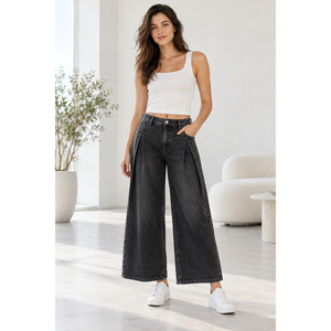 Women's Mid-Rise Wide Leg <b>Culotte</b> Jeans in Washed Black-Boyfriend Fit ODM Available - Product Image 5