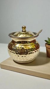 Handcrafted Hammered Brass Condiment <b>Jar</b> with Lid and Spoon Traditional Indian Spice <b>Storage</b> Pot Decorative <b>Kitchen</b> Countertop - Product Image 2