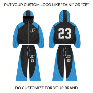 ZAINI Premium 130 GSM Polyester <b>Knitted</b> Hooded Windbreaker Suit Black Sky Blue Panel Custom Logo Casual Men's Winter Breathable - Product Image 1