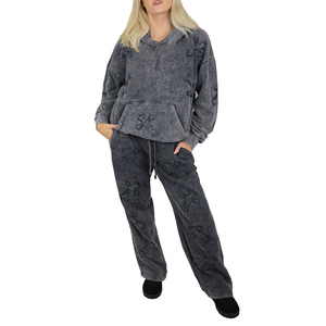 Ensemble sweat-shirt et pantalon gris gaufré croisé pour femme, coupe ample, taille mi-haute avec cordon de serrage, longueur intégrale, couleur unie, tenue décontractée d'automne - Product Image 1