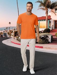 Men's <b>Orange</b> Short Sleeve O-Neck <b>T</b>-<b>Shirt</b> Regular Fit Cotton Jersey Solid Color Casual Style Pocket Front - Product Image 4