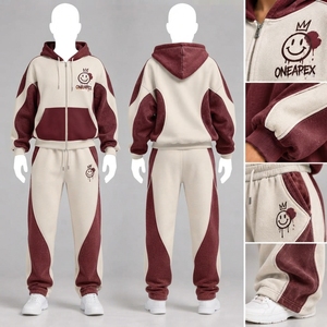 Conjunto Deportivo de Dos Piezas para Mujer, Sudadera con Capucha y Cremallera Color Crema Borgoña, Pantalones Jogger, Ropa Deportiva Informal - Product Image 3