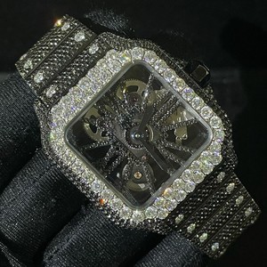 Montre mécanique en acier inoxydable noir avec moissanite, édition limitée de luxe, artisanale, unisexe, classique, hip-hop, bijoux d'art - Product Image 1