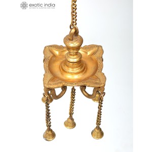 6 Inches Elegant Four Wicks Hanging <b>Brass</b> <b>Oil</b> <b>Lamp</b> with Dangling Bells and Designer Chain Home Decor Accessory Made In India - Product Image 2