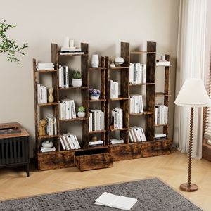 Vintage Industrial Open Display Bookcase with <b>2</b> <b>Drawers</b> and 12 <b>Storage</b> Shelves Freestanding Bookshelf <b>2</b> <b>Drawers</b> - Product Image 4