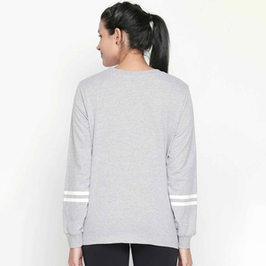 Sudadera de punto gris para mujer con cuello redondo y mangas largas con puños a rayas blancas, sudaderas personalizadas para mujer - Product Image 3