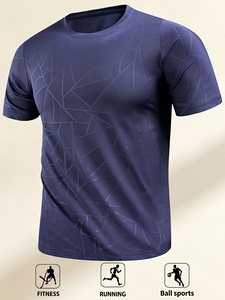 T-shirt sportif pour homme, bleu marine, à motif géométrique, manches courtes, col rond, séchage rapide, 100% polyester, tricoté, coupe ajustée, longueur standard - Product Image 1