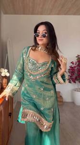 Luxury Ethnic Sharara Set with Mirror Work | Wedding & Sangeet Wear Outfit - Product Image 4