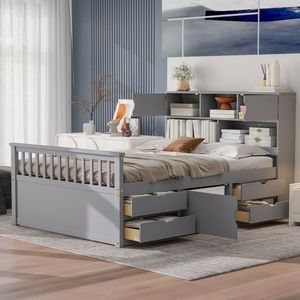 Full-Size Gray Captain Platform Bed Frame with Storage <b>Bookcases</b> & Shelves 4 Drawers-<b>Wooden</b> Beds - Product Image 2