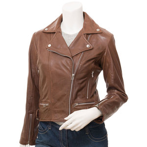 Women <b>Leather</b> Moto <b>Jacket</b> Real <b>Leather</b> Slim Fit Biker <b>Jacket</b> OEM Factory Full Sleeve Zipper Closure Stand Collar Regular Length - Product Image 3