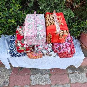 Block Printed Indian 100% Cotton Cosmetic <b>Bag</b> Makeup Pouches Large Capacity <b>Foldable</b> Travel Accessories for Bathroom Use Holiday - Product Image 5