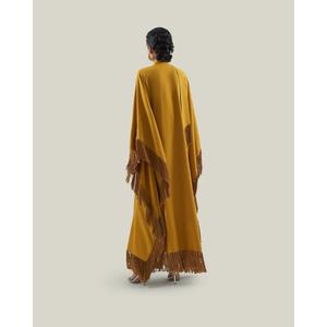 Cape Maxi Jaune Moutarde de Qualité Supérieure avec Bordure à Pompons, Col en V, Manches Longues, en Laine, Silhouette Droite, Idéale Toutes Saisons - Product Image 2