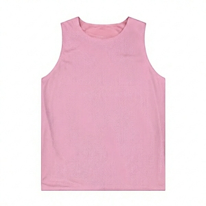 Pink Mesh Sleeveless Vest Crew Neck Breathable Sport Top Unisex Adults All Seasons Regular Fit Solid Color Polyester - Product Image 1