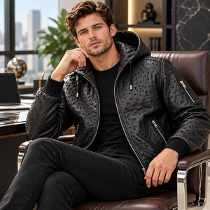 <b>Men</b>’s Embossed Black Ostrich <b>Leather</b> Hooded <b>Bomber</b> Jacket /<b>Leather</b> Puffer Style with Textured Finish for <b>Men</b> - Product Image 6