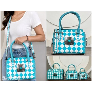 Luxury Large Capacity Checkerboard Design Speedy Bag for Women Tooled Leather Crossbody Handbag With Turquoise Stone Duffle Bag - Product Image 1