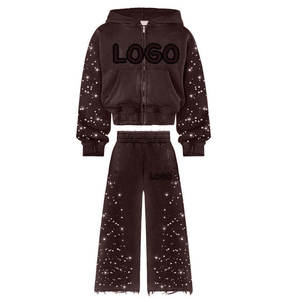 Women's Orange Rhinestone Hooded Tracksuit Full Sleeve Zipper Closure Casual Sweatshirt and Pants Set Loose Fit Autumn Wear - Product Image 6