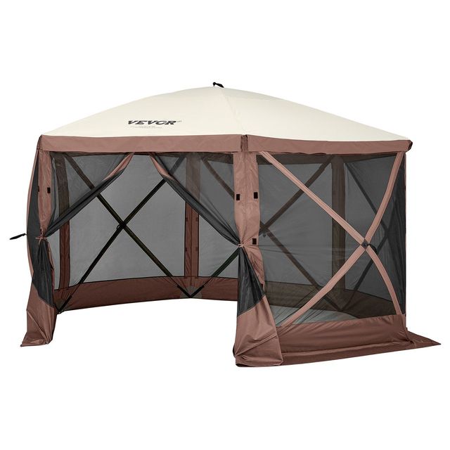 11.5x11.5Ft Brown Pop-Up Screen Tent Mesh Windows Quick Set Outdoor Shelter Summer Camping Use