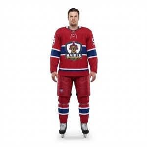 Maillot de hockey pour hommes adultes en maille aérée 100 % polyester, col en V traditionnel à lacets, uniforme de hockey sur glace rayé style Heritage en sergé. - Product Image 1