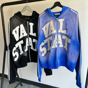 เสื้อฮู้ดซิปผู้ชายสีน้ำเงินทรงโอเวอร์ไซส์  ลายปักตัวอักษร  ผ้าฝ้ายเฟรนช์เทอร์รี่ สไตล์ฮิปฮอป สำหรับใส่ในฤดูใบไม้ร่วง - Product Image 5