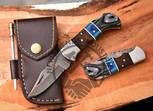Cuchillo de bolsillo plegable de acero de Damasco y cobre hecho a mano, mango de madera Pakka, refuerzo de acero, HRC 58-60, personalizable, OBM, ¡Gran Venta! - Product Image 5