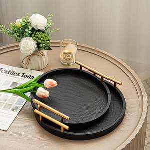 Modern Round <b>Decorative</b> <b>Trays</b> with Handles <b>Black</b> Crocodile Texture 2Pcs Set - Product Image 3