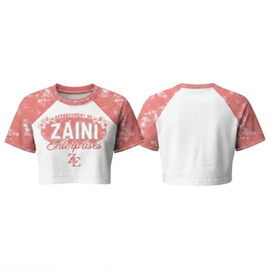 เสื้อครอปท็อปผู้หญิง ผ้าคอตตอนโพลีเอสเตอร์ พรีเมียม 180 GSM สีชมพูขาว แขนเสื้อแบบแร็กแลน รับสั่งทำลายพิมพ์แบบซับลิเมชั่น ปักลาย  แบบรีดร้อน - Product Image 1