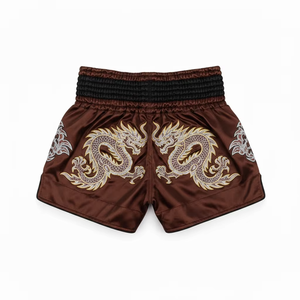 Men's Muay Thai Shorts Brown Embroidered Tiger Design MMA Kickboxing Fight Wear Regular Fit <b>Stretch</b> Polyester - Product Image 2