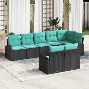 8 Piece Black Poly Rattan Garden <b>Sofa</b> Set Turquoise Cushions <b>Outdoor</b> Furniture Contemporary Design Weather Resistant - Product Image 1