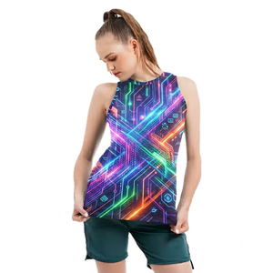 Camiseta sin mangas deportiva de poliéster con estampado de circuito neón para mujer, de secado rápido, cuello redondo, tejida, para fitness - Product Image 1