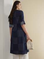 Robe midi bleu marine à pois, manches trois-quarts, col rond, coupe ample, en viscose tissée, pour usage quotidien décontracté, ourlet droit, magnifique