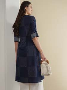 Navy Blue Dot Pattern Three Quarter Sleeve Midi <b>Dress</b> Crew Neck Loose Fit Woven <b>Viscose</b> Casual Daily Wear Straight Hem Beautiful - Product Image 4